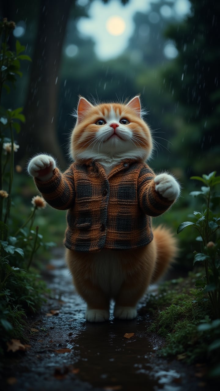 20's (Scottish Fold Cat:1.1) , wearing Brick, frolicking in a garden, nature, Raining, atmospheric perspective, Moonlight, midjourneyv6.1