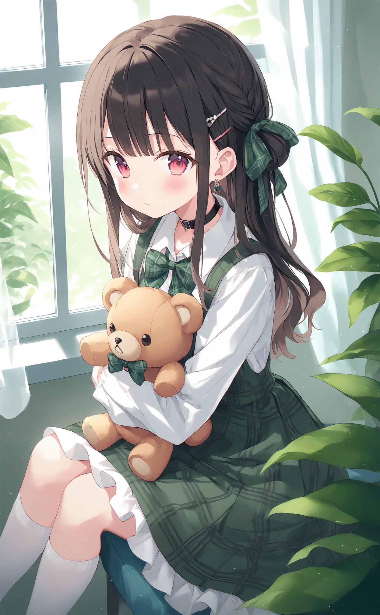 masterpiece,best quality,high quality,(colorful),loli,1girl,teddy bear,stuffed toy,stuffed animal,red eyes,solo,looking at viewer,sitting,green dress,white shirt,green bow,long hair,white socks,shirt,long sleeves,dress,choker,hair bun,socks,hair ornament,closed mouth,bow,indoors,hugging object,hair ribbon,bowtie,collared shirt,ribbon,holding stuffed toy,hairclip,frills,collar,black choker,green bowtie,kneehighs,green ribbon,black hair,pinafore dress,window,hugging doll,plaid bowtie,food,frilled dress,plaid,holding,plaid bow,sleeveless dress,plant,blush,potted plant,brown hair,earrings,sidelocks,curtains,