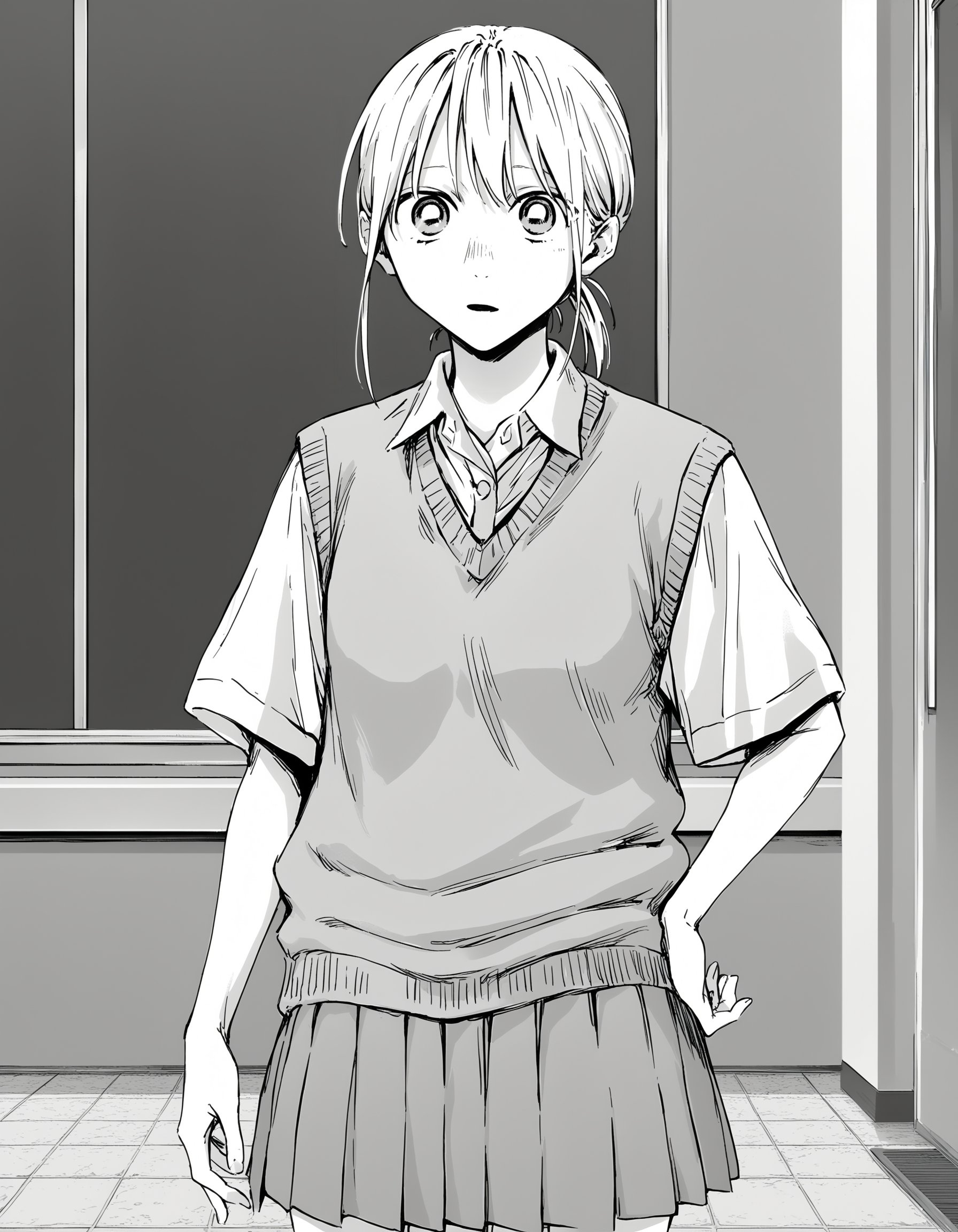 score_9, score_8_up, score_7_up, monochromeBREAK 1girl, solo, <lora:ChinatsuXL-v5:1>, chinatsu, low ponytail, school uniform, sweater vest, collared shirt, short sleeves, pleated skirt, looking at viewer