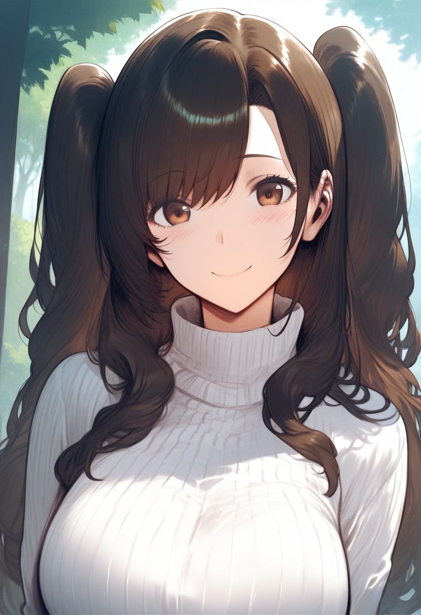 score_9, score_8_up, score_7_up, score_6_up, score_5_up, score_4_up, source_anime, <lora:SET v0.1:1>,1girl, breasts, solo, sweater, long hair, smile, looking at viewer, white sweater, upper body, turtleneck, turtleneck sweater, brown eyes, large breasts, blush, brown hair, ribbed sweater, closed mouth, long sleeves, two side up, huge breasts, black hair, head tilt