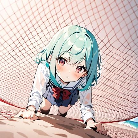 1girl, go under the  red net,   standing, from below, in all fours, beach, blue hair, pink eyes, green hair, brown eyes, school uniform, white shirt, blue skirt  <lora:lcm-animagine-3:1> <lora:Concept_GUTN_v1r3-1604-noreg-noise803-1024-SDXL-000004:1.3>