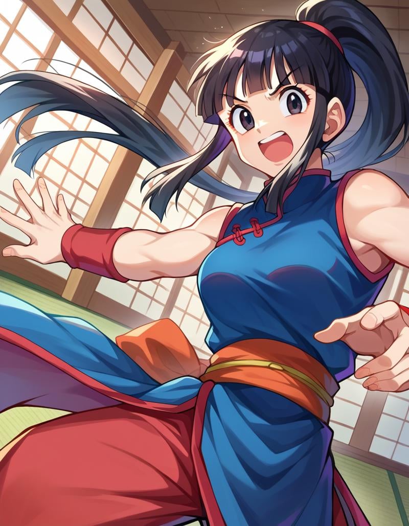 score_9, score_8_up, score_7_up, source_anime,dragonballchichi, <lora:dragonball-chichi-ponyxl-lora-nochekaiser:1>,chi chi, black eyes, black hair, long hair, hime cut, blunt bangs, sidelocks,bare arms, blue dress, china dress, chinese clothes, dress, high collar, obi, pants, ponytail, red pants, red sash, red wristband, sash, side slit, sleeveless, sleeveless dress, wristband,indoors, dojo, fighting stance, open mouth,looking at viewer, dutch angle, cowboy shot,