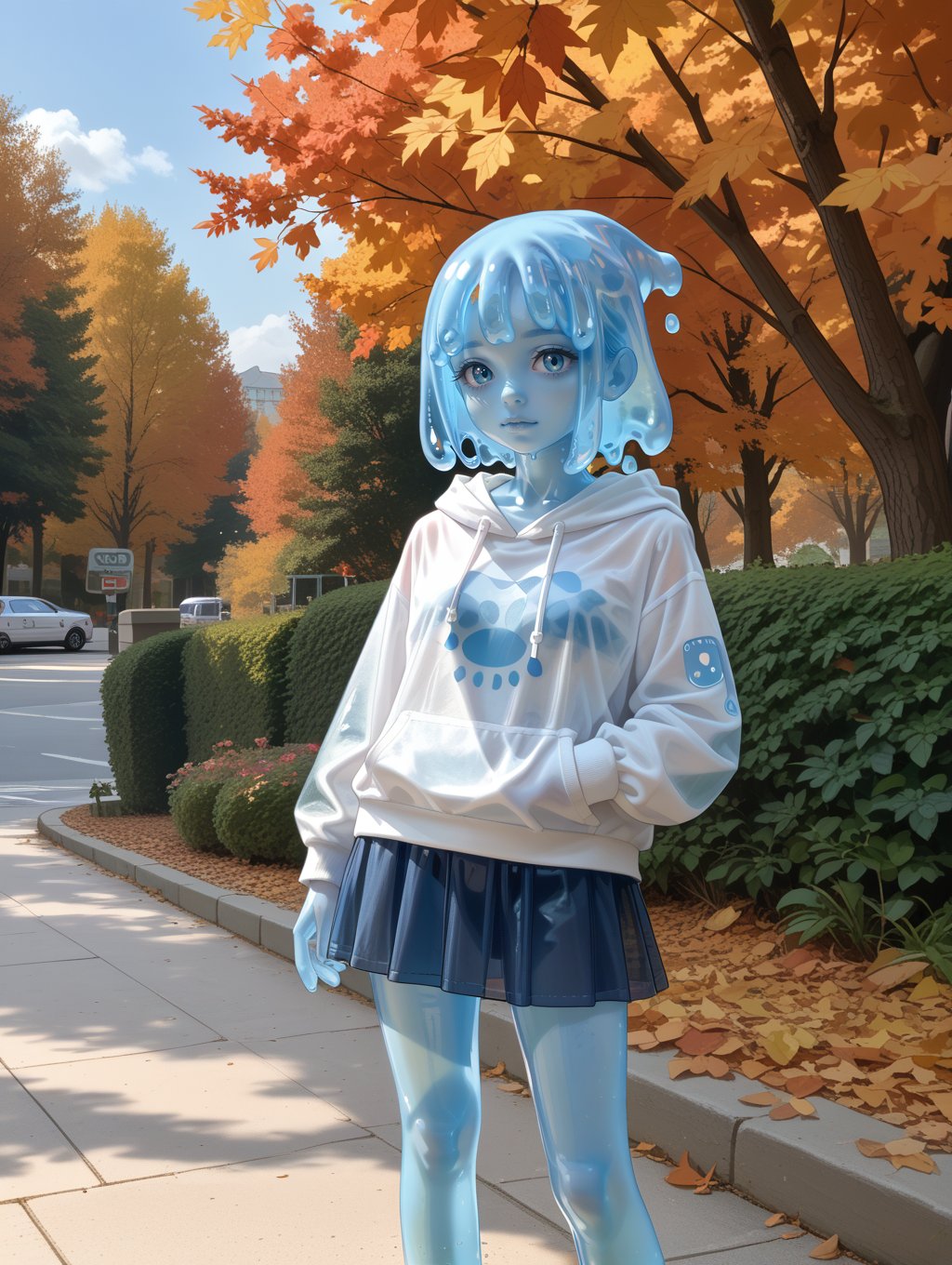 score_9, score_8_up, score_7_up, slime girl, JellyGirl, transparent skin, transparent, translucent, jelly, viscous, , hoodie, skirt, blue skin, slime hair, autumn park