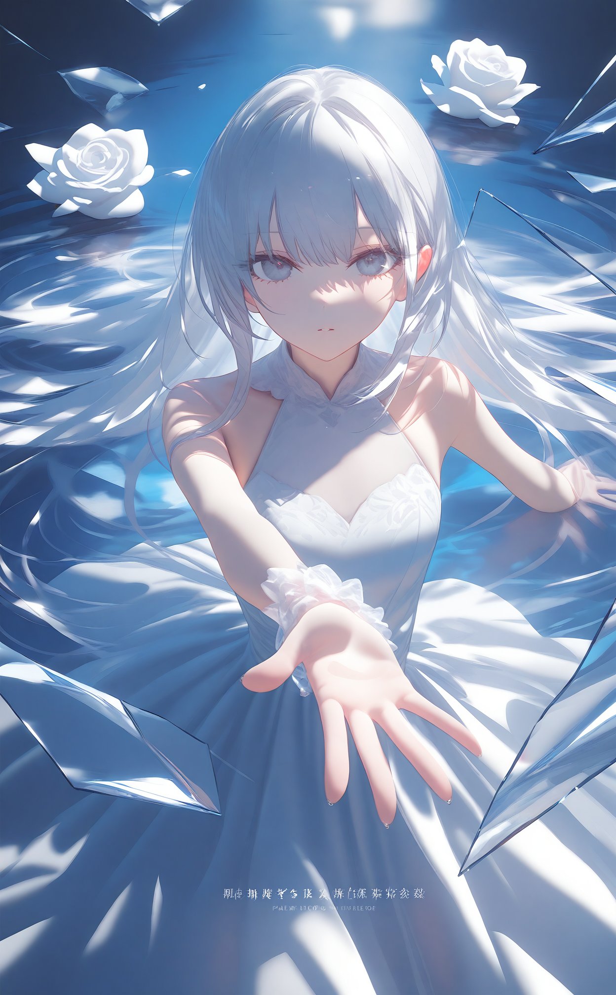 masterpiece,1girl,solo,long hair,dress,looking at viewer,white eyes,glass,grey eyes,white dress,white hair,broken glass,flower,white theme,bare shoulders,blue theme,dress flower,glass shards,white flower,reaching,reaching towards viewer,water,parted lips,closed mouth,sleeveless,reflection,sleeveless dress,white rose,watermark,expressionless,