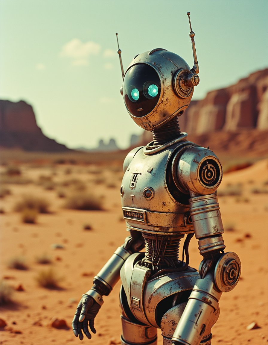 Vintage Sci-fi .In the middle of a scorching, endless desert, an android stands still, its metallic body catching the sun as it scans the horizon with glowing blue eyes, seeking something unknown<lora:Vintage_Sci-fi_Movie:0.8>