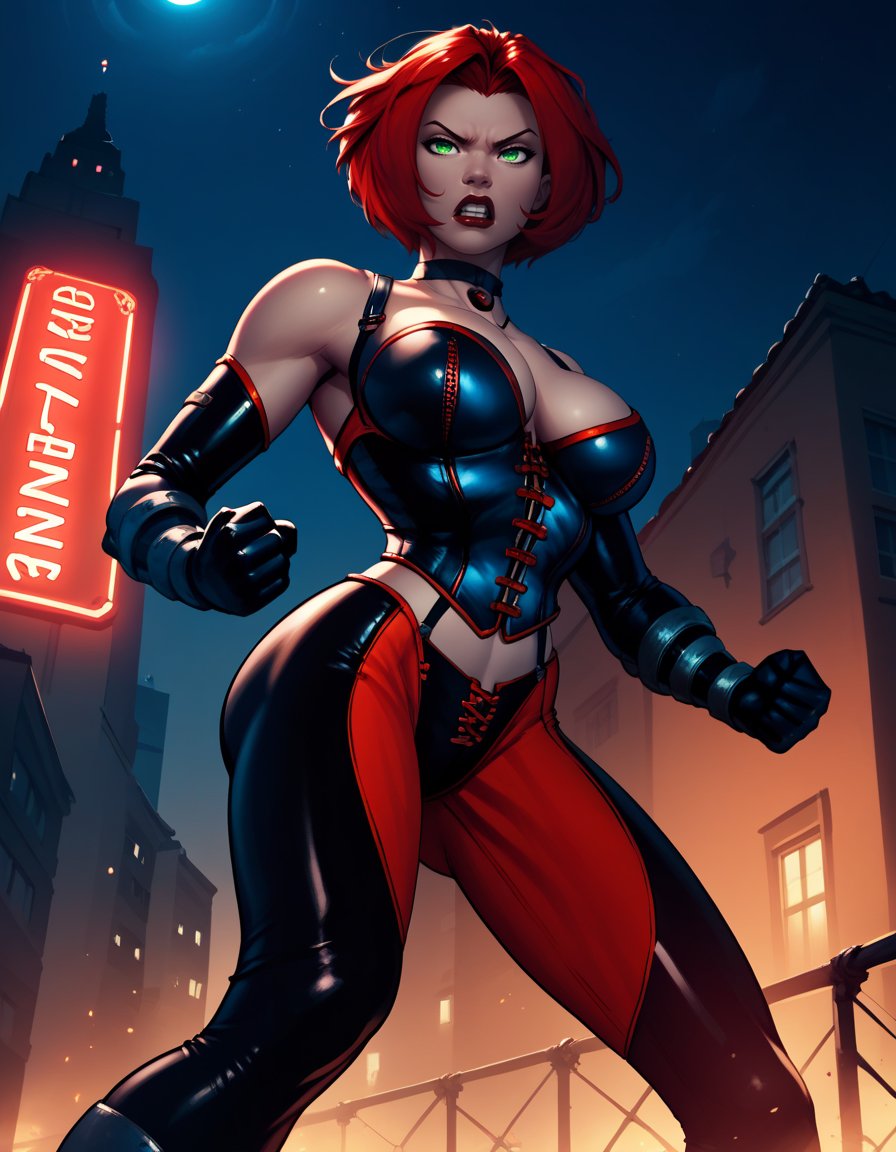 score_9, score_8_up, score_7_up,score_6_up, score_5_up, score_4_up , 1girl, solo, large breasts,RayneDG,red hair, green eyes, short hair, elbow gloves, jewelry, choker,  corset, bustier, latex legwear, fighting stance,  clenched hands,vampire, from below, city, night, neon lights, dim_lighting,    <lora:Rayne DG PXL v01:1>