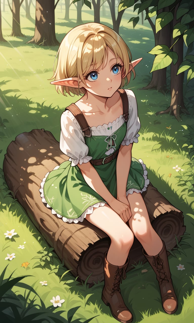 score_9, score_8_up, score_7_up, score_6_up, score_5_up, source_anime, BREAK, 1girl, solo, elf girl, elf ears, pixie, sitting on log, forest, blue eyes,from above,looking up,ground,blonde hair,(dappled sunlight:1.2),blurry,depth of field, boots,leaf