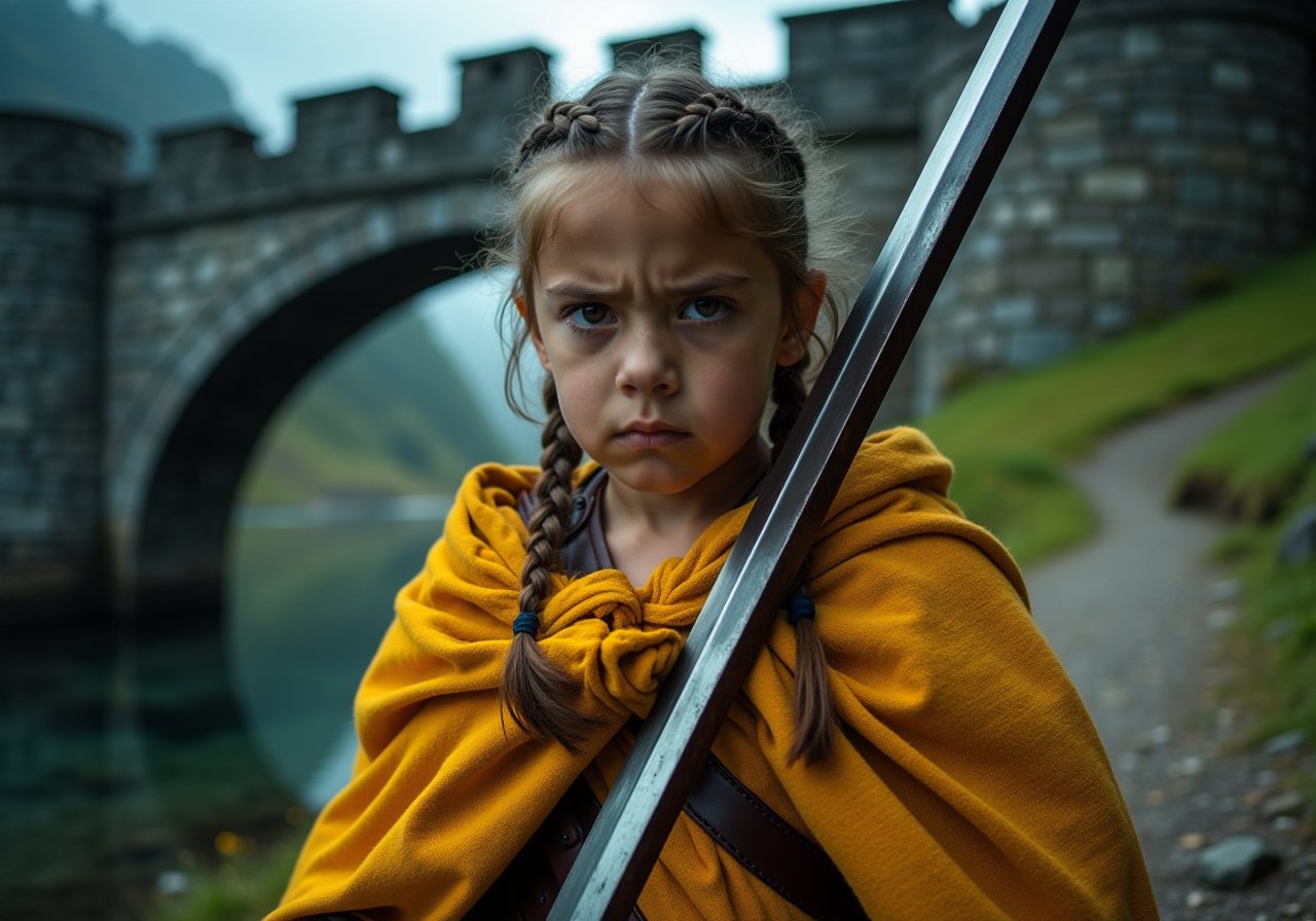 cinematic, 8k uhd, dslr,8K UHD cinematic masterpiece:high definition, extremely detailed, masterpiece, photo realistic,((full body)),(1girl), yellow shoes,(high budget Hollywood film),(cinematic film still portrait of ) boy, male fantasy warrior with very long sword,,hair style braided,detailed face, clothes material is Bouclé,low forehead, curved nose, angry gaze, small chin, wide face,long bangs,full body, hdr, 8k UHD, detailed stone bridge in the background. aderekface