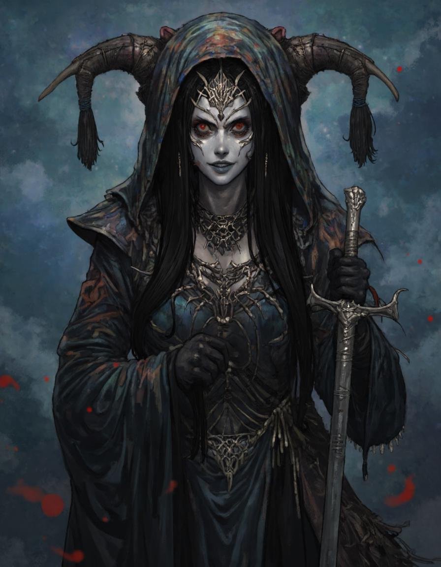 The image is a digital art piece that appears to be a portrait of a mythical creature. The creature is a woman with long d...