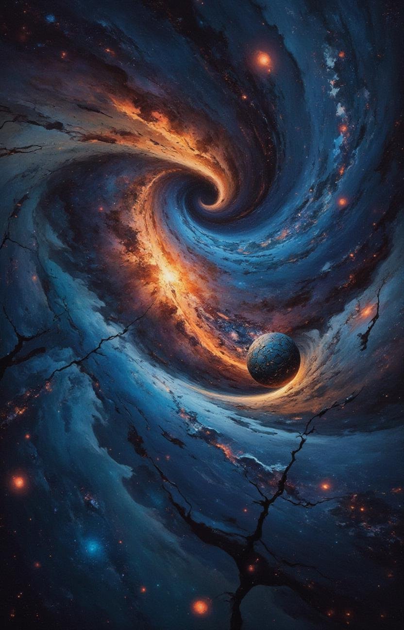 a galaxy upside down in a glowing tiled universe cracked soul-ball trenched in an ocean of light leaking ghostly shapes,...