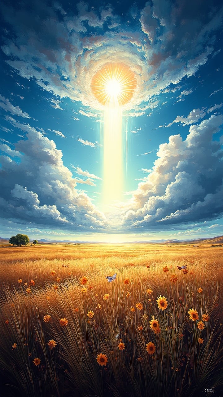 Stunning Poster with Text:"RIP Midjourney", landscape of a Pampas, sunbeam, midjourneyv6.1