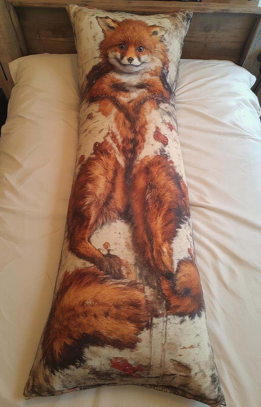 a picture of a fox anime waifu printed on a long bodypillow that is laying on a bed, <lora:- Flux1 - stoned_fox_V1.0:.7>  <lora:MJanime_Flux_LoRa_v3_Final:1>