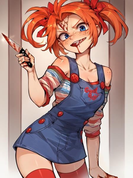 score_9, score_8_up, score_7_up, score_6_up, score_5_up,   <lora:FemChuckyXLP:1> femchucky, 1girl, solo, twintails, blue eyes, thighhighs, overalls, orange hair, freckles, stitches, curvy, holding knife, blood