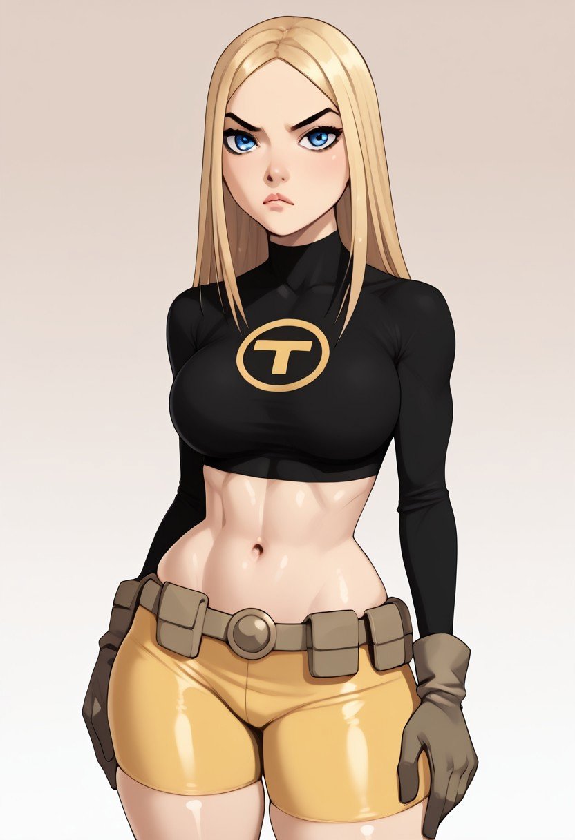 score_9, score_8_up, score_7_up, deep skin, shiny skin, skindentation, source_anime, ((realistic)), high quality, highres, (curvy), ((((wide hips)))),, thick thighs, cute, , sexy, huge breasts, TerraTT, TerraSDXL, 1girl, blonde hair, long hair, blue eyes, forehead, parted bangs, black shirt, long sleeves, turtleneck, midriff, navel, yellow shorts, biker shorts, brown belt, crop top, brown gloves, skintight shirt, solo, Pout