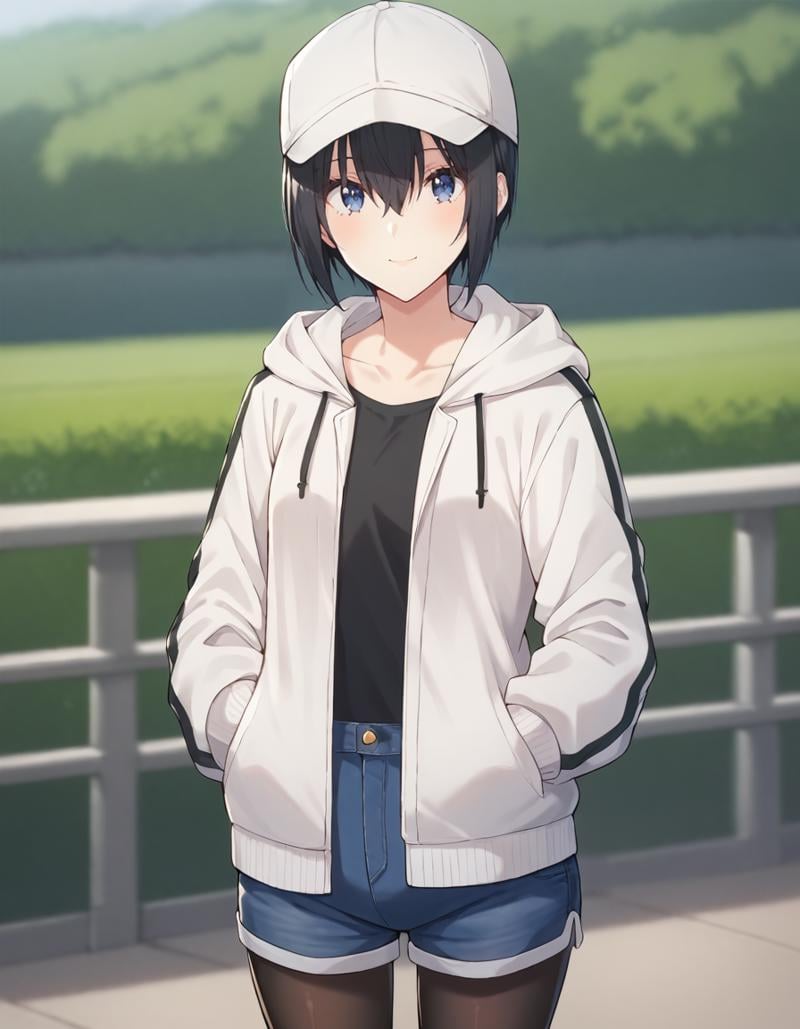 score_9, score_8_up, score_7_up, source_anime, BREAK1girl, solo, looking at viewer, blurry background, cowboy shot, light smile, scenery, hands in pockets, noa, short hair, black hair, hair between eyes, dark blue eyes,casual outfit, white cap, white hoodie, drawstring, open jacket, long sleeves, black shirt, blue denim shorts, black pantyhose,<lora:noa_anime_v2-soralz:1>