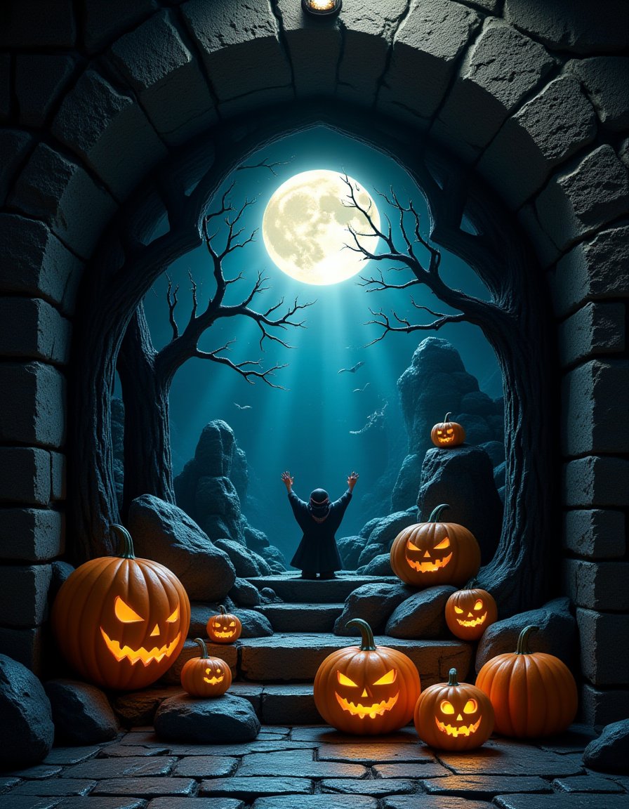 Relief art displaying a halloween. The relief is carved into a gothic stone wall with large smooth obsidian polished stones. Rays of light highlight the relief and add a dramatic effect. The scene is a bit scary, a bit humours. Different layers and multiple highlights and accents in cyan create a depth in the scene. Tpyical halloween elements are the focus of the scene. HD32K, hyperdetailed, best quality, Used colours gold, cyan and black. aidmaHyperrealism aidmaMJ6.1