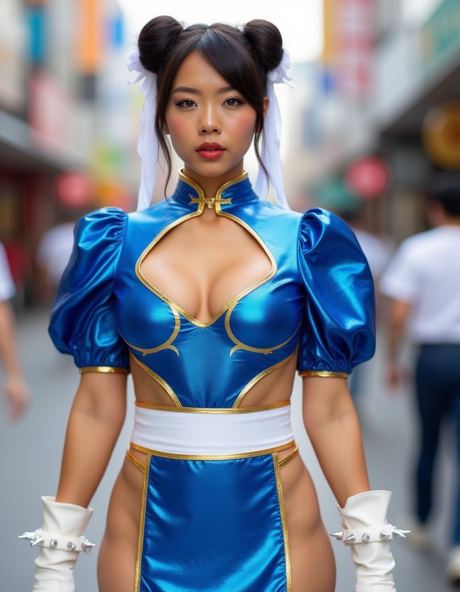 in the tokyo streets <lora:Chun_Li_-_Battle_Outfit:1>  chunli outfit, shiny blue outfit, cleavage, dress, white boots, sash, jewelry, pelvic curtain, spiked bracelet, hair bun, double bun, china dress, bun cover, chinese clothes, short puffy sleeves, pelvis side cuts,