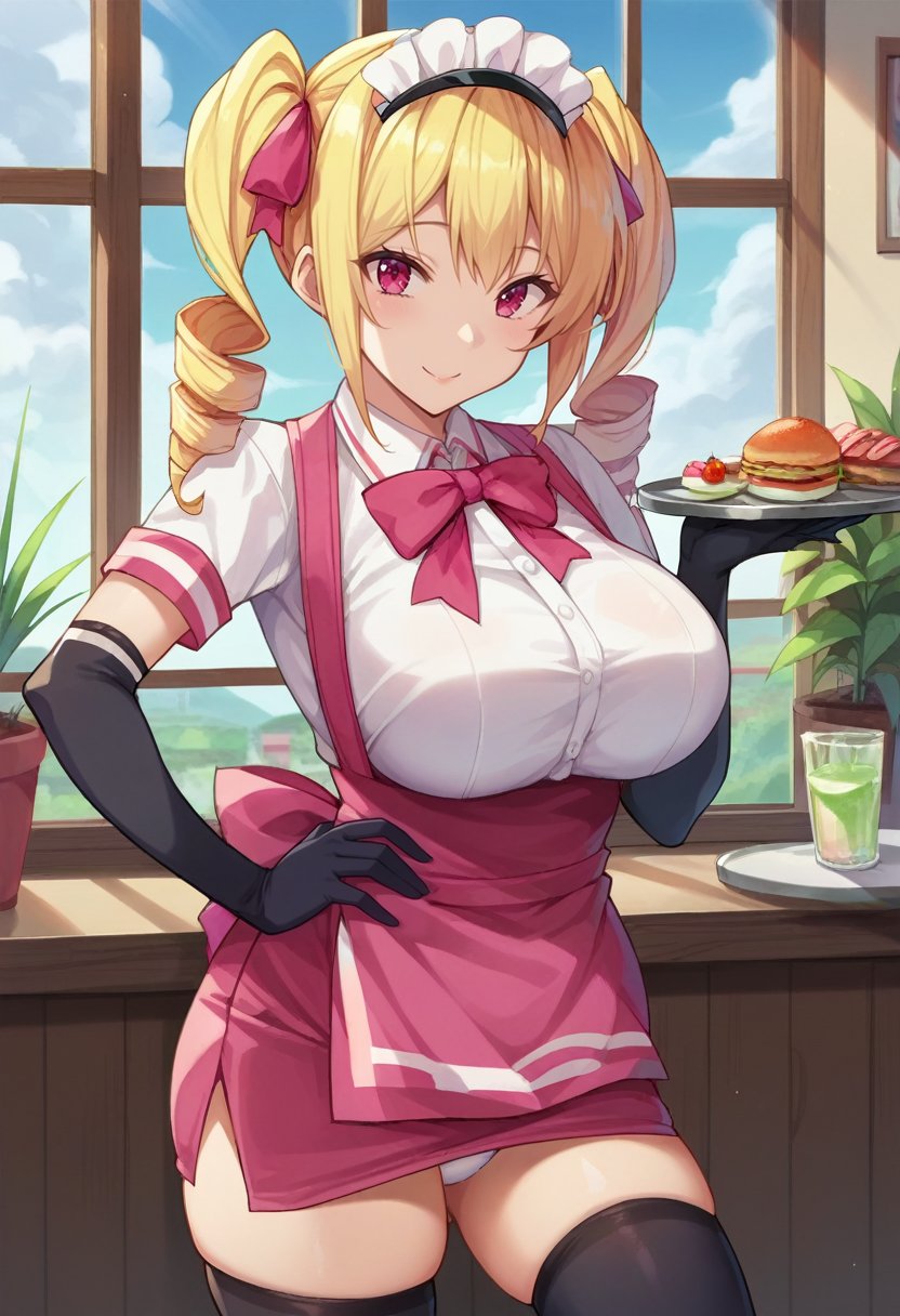 (looking at viewer, smile, happy, cowboy shot),(hand on hip, holding tray, white panties, underwear), (scenery, plant, food, window, potted plant, indoors, cafe, restaurant), solo, <lora:maidNatsuki-10:1> NatsukiMaid, blonde hair, long hair, twintails, drill hair, twin drills, pink eyes, large breasts,  voluptuous, pink ribbon, hair ribbon, maid headdress, white shirt, pink suspenders, elbow gloves, black gloves, miniskirt, pink skirt, pink bowtie, pink apron, black thighhighs, skindentation, 16k, masterpiece, absurdes, highly detailed, highres, high quality, best quality, score_9, score_8_up, score_7_up, score_6_up, source_anime, anime screencap, anime colouring, cel shading, shiny, shiny skin, shiny hair