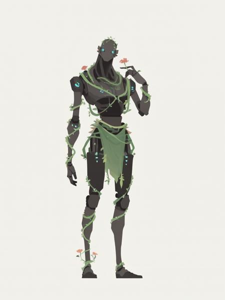 score_9, score_8_up, score_7_up, score_6_up  dnd  <lora:dnd_flat:0.95> warforged, druid clothes,  blue eyes, white background, standing, full body, flower, hand up, plant, robot, 1other, vines, , dnd