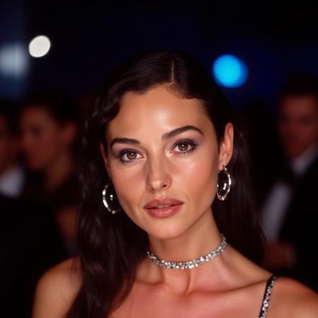 High res waist up portrait photo of a young woman with glittery eye-shadow and clear glossy lip-gloss. She is looking at the viewer with a smile. She is wearing a thin string-like black choker and hoop earrings. In the background is a nightclub scene out of focus.,  ,<lora:monbellucci_local_flux_1_standard-000038:1>