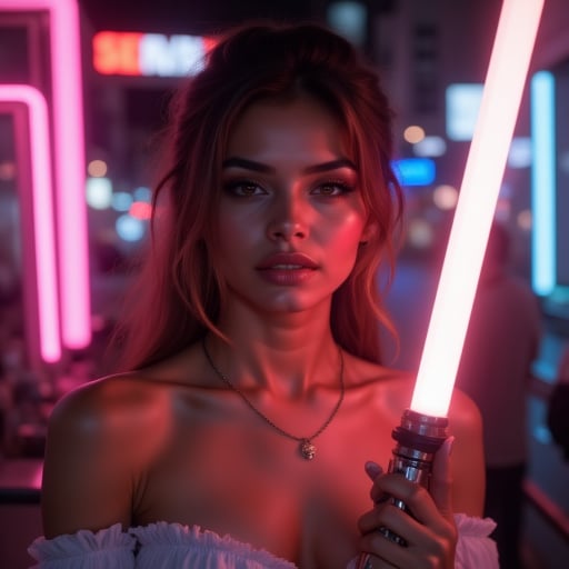 warm light. Her lips are full and naturally pink, neon-lit urban setting, which add a touch of ethereal elegance to her appearance., This photograph captures a young woman of likely Mediterranean or Latina descent, full lips, with a small nose, off-the-shoulder, white lightsaber in her right hand