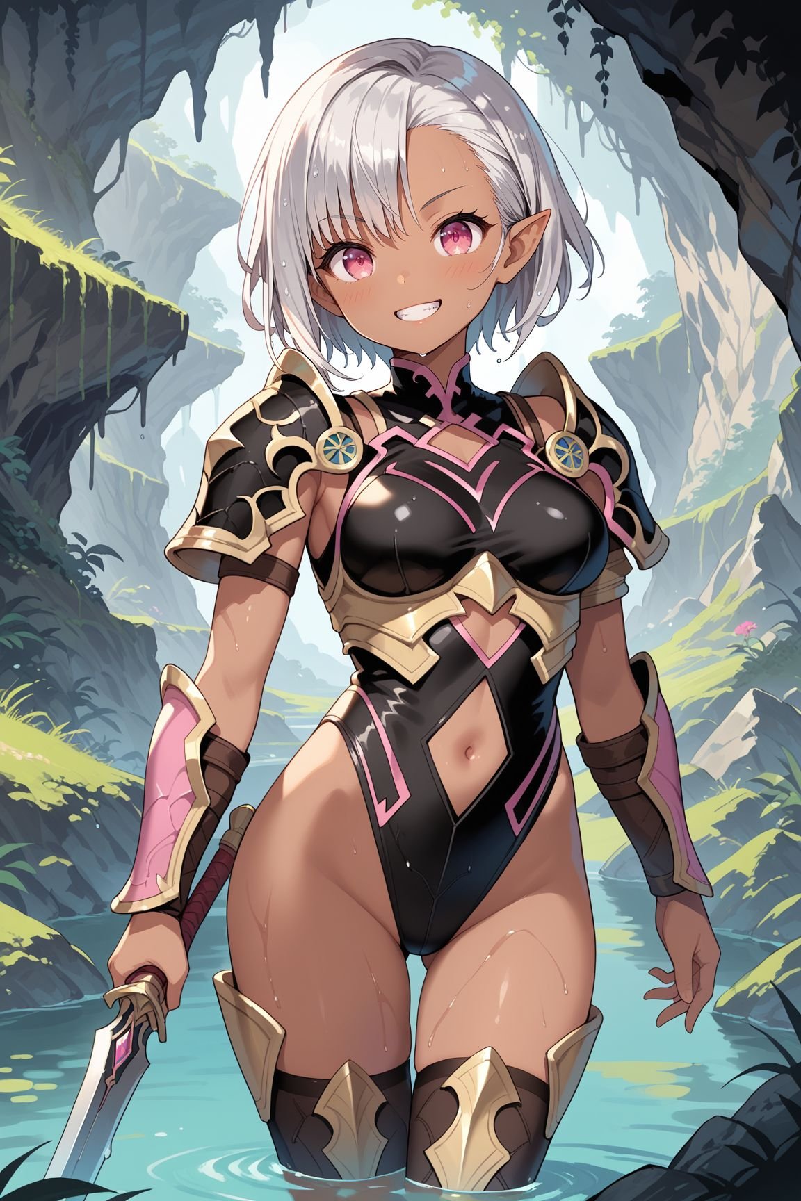 score_9, score_8_up, score_7_up, source_anime, 8k hd, uncesored, 1girl, solo, short hair, silver hair, asymmetrical bangs, pink eyes, dark elf, medium breasts, cute grin, dark-skinned female, colored skin, dark brown skin, armor, black leotard, highleg, shoulder armor, center opening, groin, thong, black leotard, armored thighhighs, single gauntlet, (scabbard:1.1), outdoors, wet cavern,