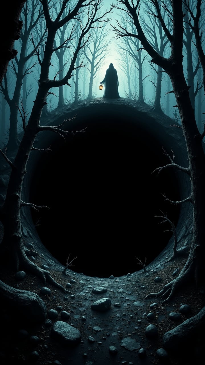 A black hole in the middle of a forest, with trees growing in reverse as if being pulled into the void, while a figure watches from the edge, holding a glowing lantern.   , aidmaHalloweenBoost