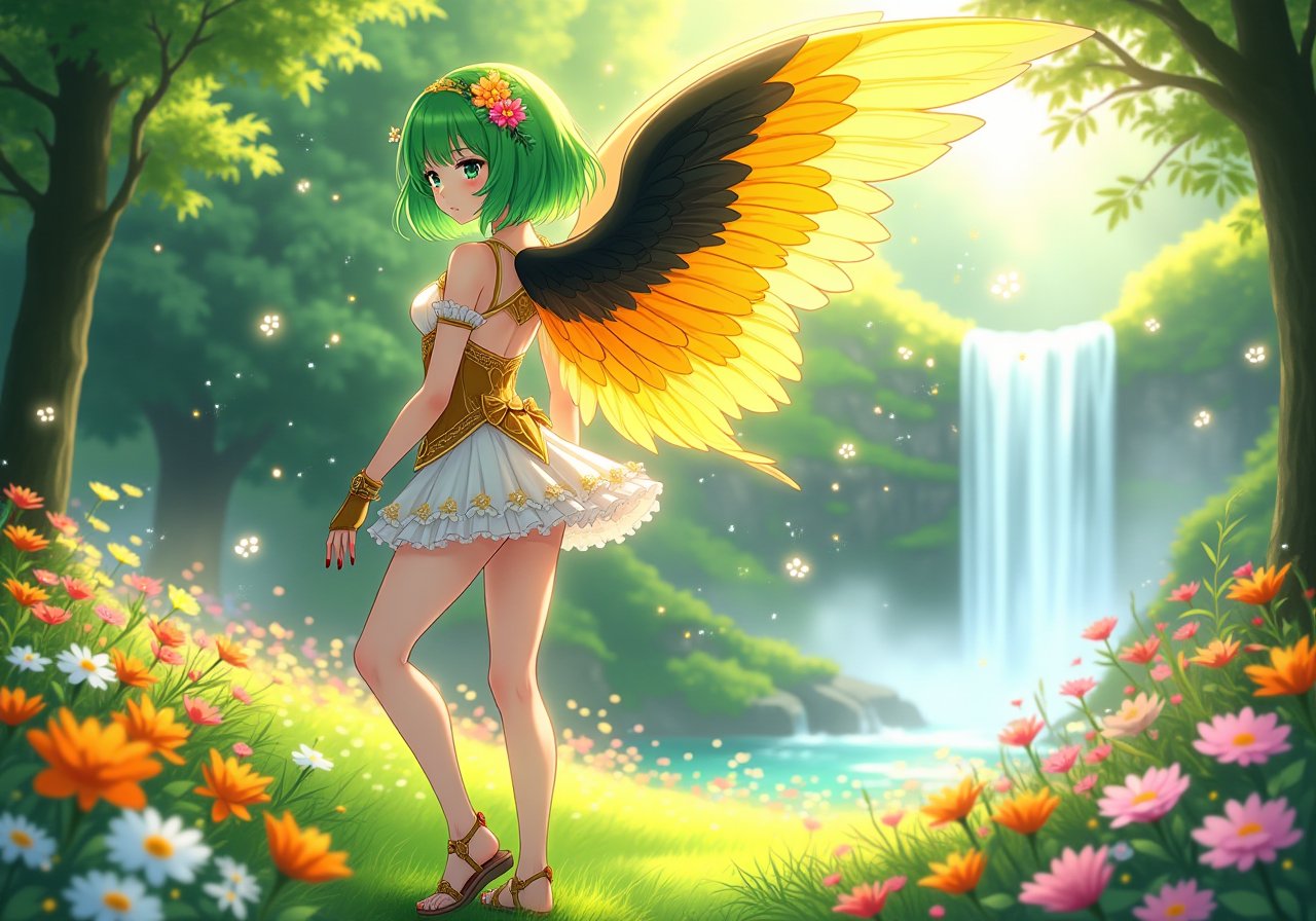 anime style picture,"manga style image: A airy fantasy angel-winged scandinavian woman with vibrant green hair styled in a bob cut, adorned with delicate flowers. Her large, colorful wings display shades of yellow, orange, and black, resembling those of a fairy wings. She wears a frilly, white and gold outfit that highlights her slender figure, with matching gloves and sandals. Her expressive eyes and graceful pose exude a sense of ethereal beauty. red nails, looked back,Background: Enchanted meadow filled with blooming wildflowers of various colors, with soft sunlight filtering through the trees. The air is filled with floating, glowing particles, giving the scene a magical, serene atmosphere. A gentle breeze causes the flowers and grass to sway, adding to the tranquil setting." waterfall in the background