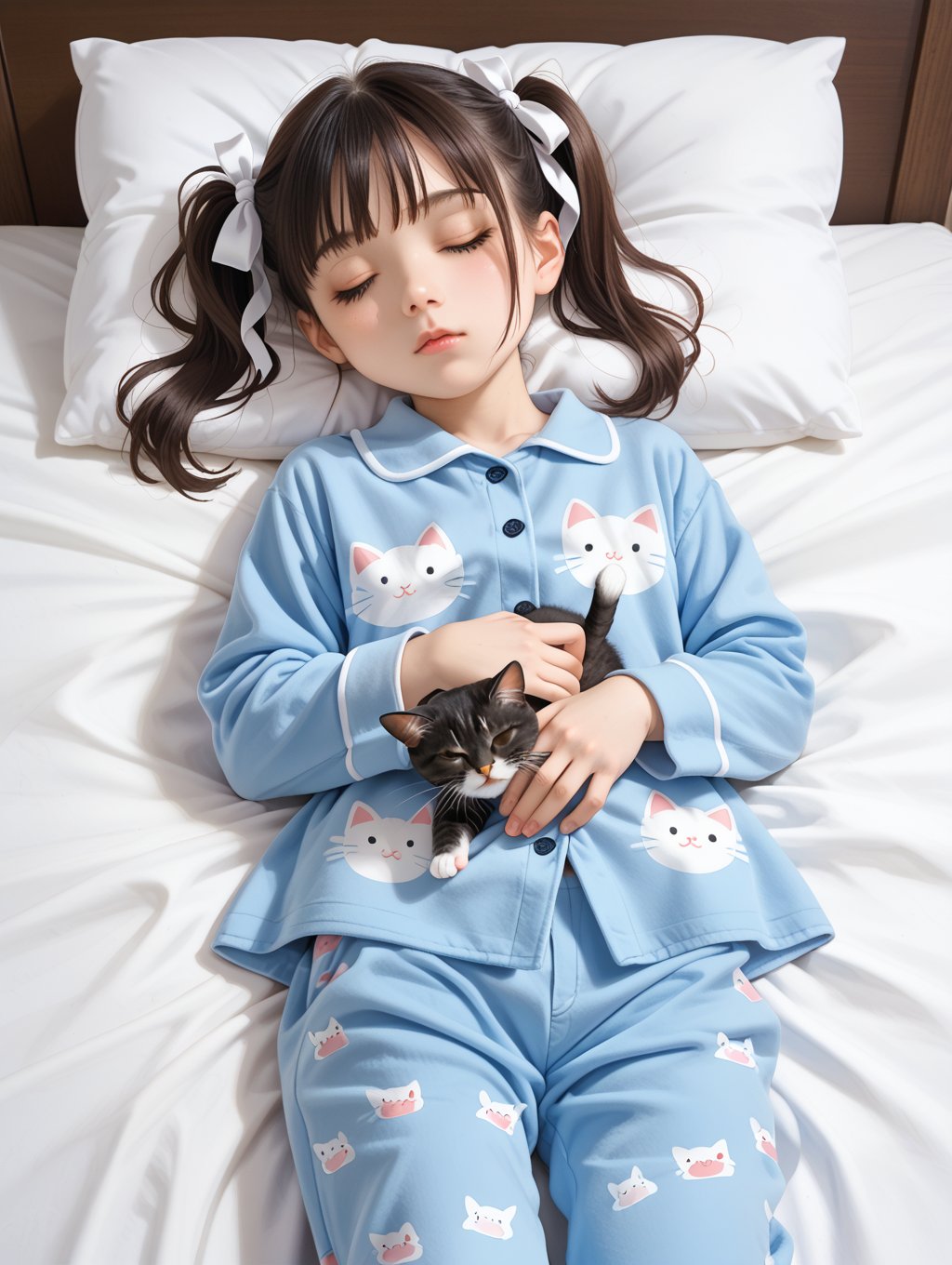 score_9, score_8_up, score_7_up,1girl, solo, twintails, ribbon, hair ribbon, white ribbon, BREAK, pajama, pajama pants, BREAK, in bed, lay down, on back, lay in bed, sleeping, eyes closed, peacefully, cat, cuddling with cat, :3, 