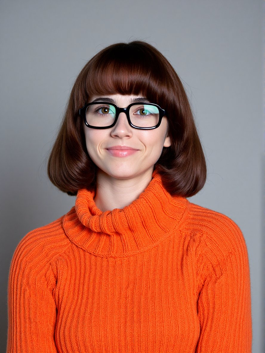 The image is a high-resolution photograph of a woman against a plain, gradient gray background. She is positioned centrally and is facing the camera. Her skin is fair, and she has a round face with a slight smile. She has a bob haircut with straight, shoulder-length brown hair that has a glossy sheen. She wears large, black-framed glasses that cover most of her forehead and part of her cheeks. Her eyes are light blue and her eyebrows are arched. She is dressed in an orange, knitted sweater with a high collar and a textured, slightly ribbed pattern. The sweater appears to be made of a thick, warm material, suggesting it might be suitable for colder weather. The lighting is even, with no harsh shadows, highlighting her features and the textures of her hair and clothing. The overall style of the photograph is modern and straightforward, focusing on the subject without any distractions. The woman's expression is calm and composed, giving the image a serene and introspective feel., <lora:Velma_Flux_V1:1>