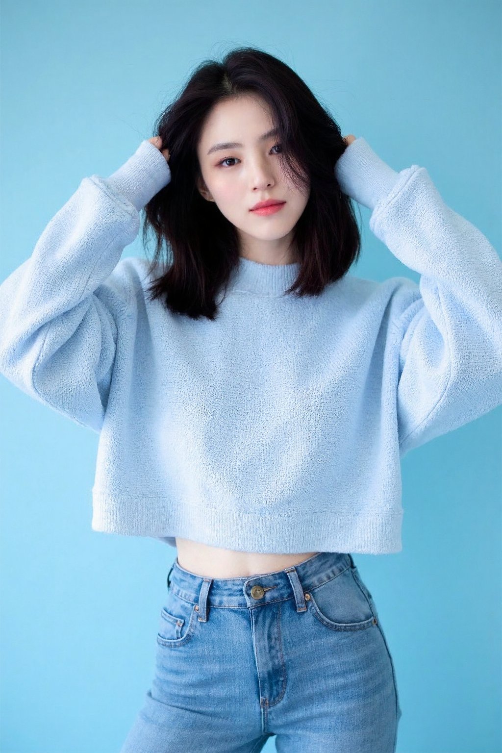 beautiful korean woman posing confidently in front of a light blue background. She is wearing a stylish, casual outfit that consists of a cropped light blue sweater and high-waisted denim jeans. Her hair is long and dark, styled in a bob, and she has a subtle smile on her face. The pose is dynamic, with her hands lifted to adjust her hair, giving a relaxed and playful vibe.The light and airy color palette of the outfit and background creates a fresh, modern look. The overall tone of the image is bright, cheerful, and fashion-forward, with the lighting highlighting her facial features and the texture of her sweater., <lora:flux_realism_lora:1>,  <lora:makinaflux_hansohee_v1.0:1>, 