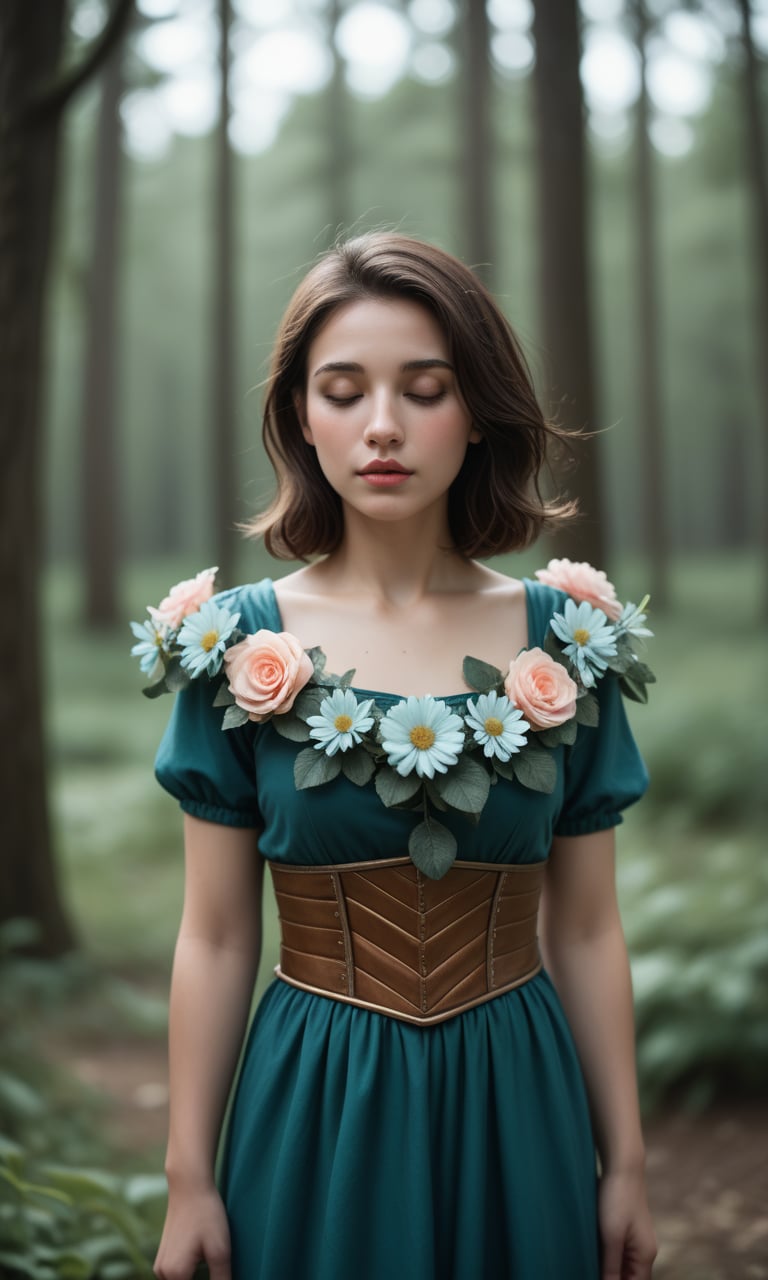 score_9, score_8_up, score_7_up, score_6_up, score_5_up, score_4_up, realistic, photo, detailed face, detailed skin, BREAK, woman, (cute:1.2), generous, flower armor dress, colorful, closed eyes, looking away, dark forest, green theme,exposure blend, medium shot, bokeh, depth of field, (cinematic, teal and orange:0.8), (muted colors, dim colors, soothing tones:1.3), (low saturation:1.2)