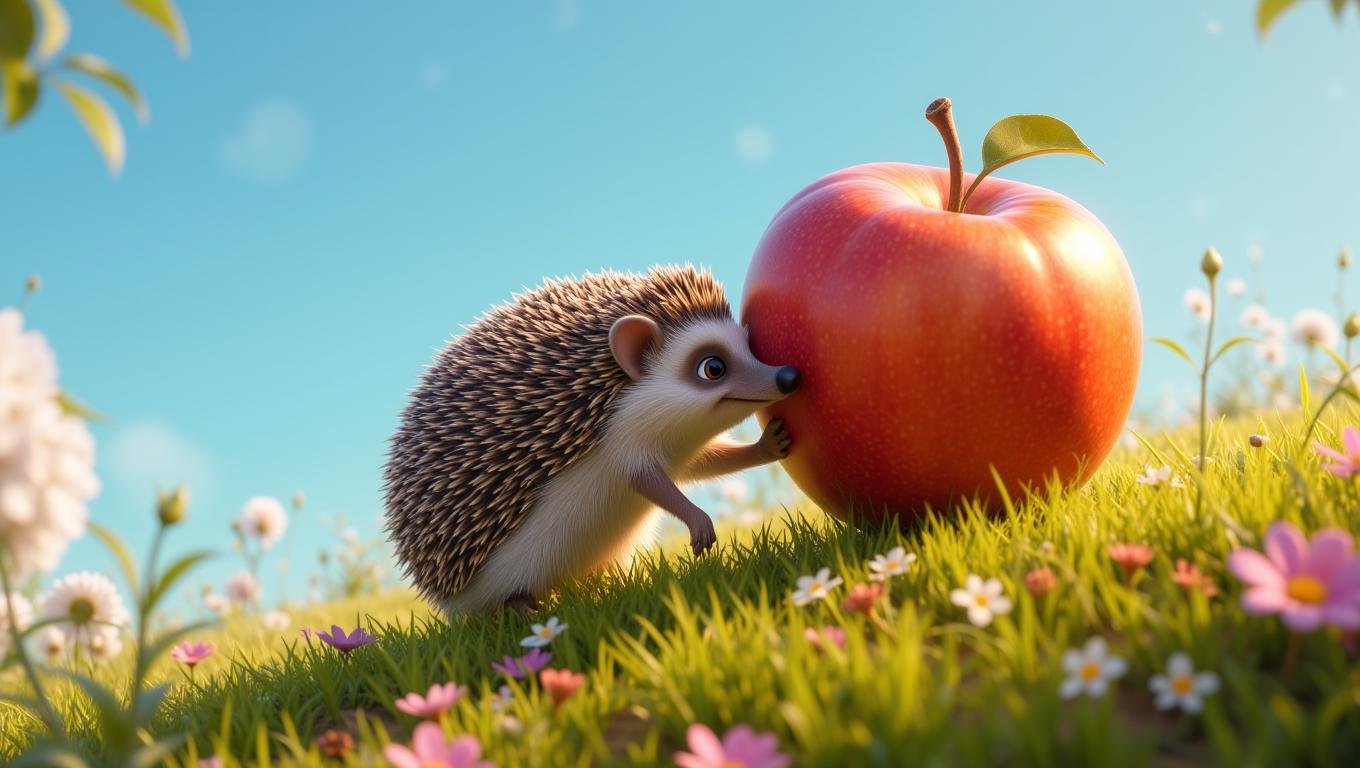 A cute hedgehog is carefully pushing a large apple up a hill, its little legs straining with the effort. The apple is almost twice the size of the hedgehog, but it’s determined to get it back to its home. The hill is covered in soft grass and wildflowers, and the sky above is clear and blue. The scene is full of determination and the quiet beauty of nature  <lora:Cute_3d_Cartoon_Flux:0.6>