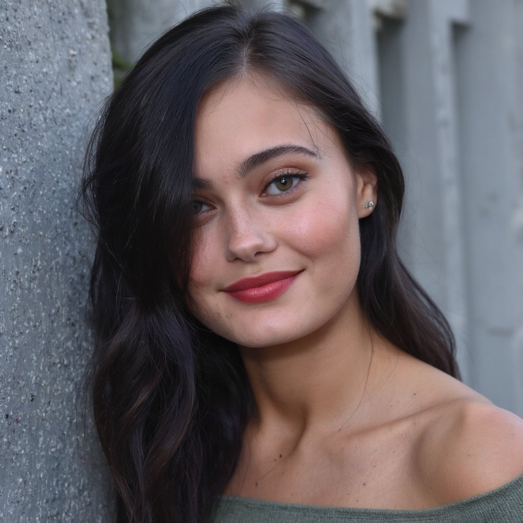 A close-up portrait of ella_purnell with long, wavy black hair. She has striking blue eyes and bright red lipstick. She wears a green off-shoulder top. Her pose is relaxed, leaning against a textured gray wall. The blurred background emphasizes the subject. The image style is candid and natural, capturing a moment of intimacy.