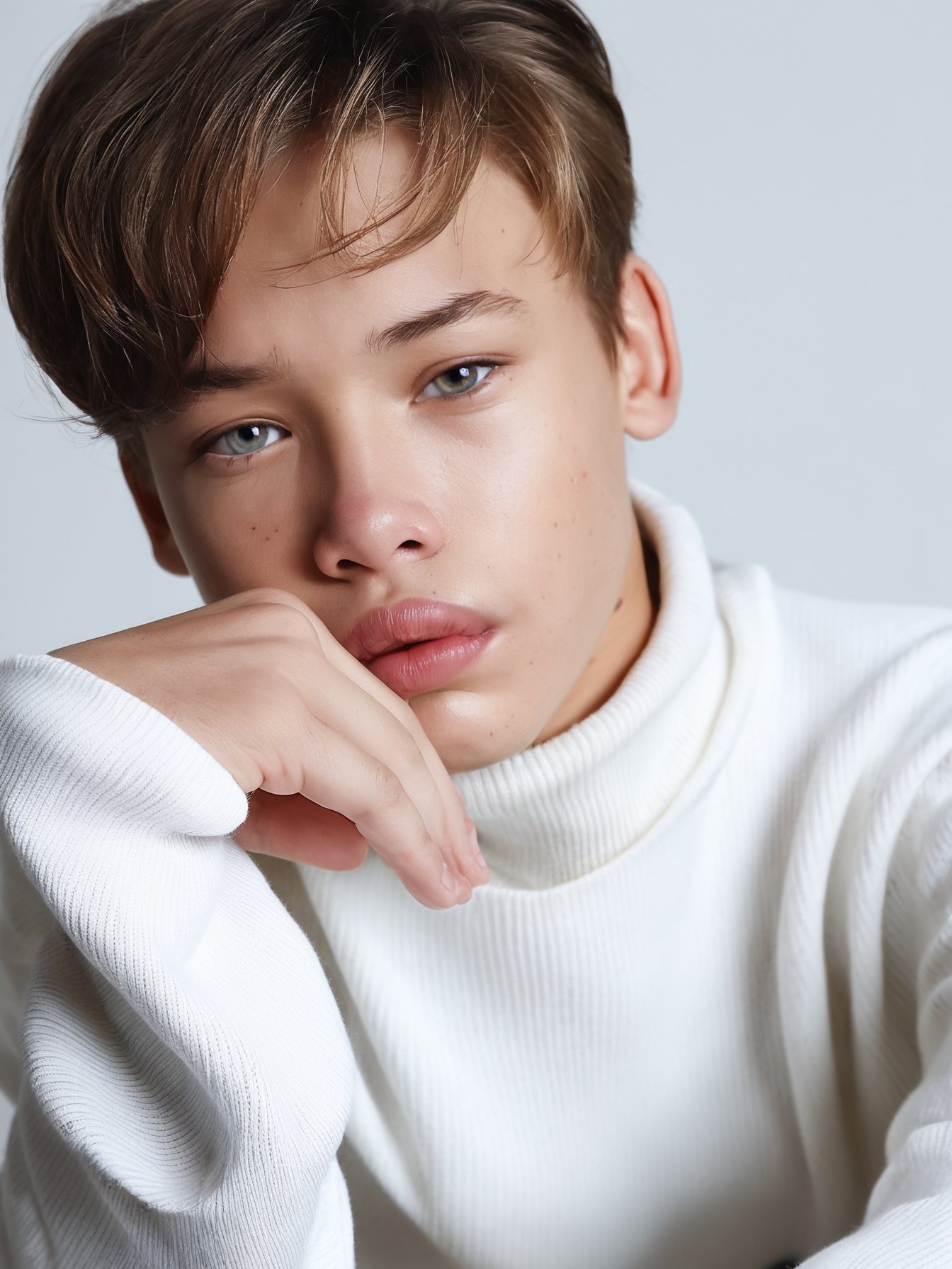 score_9, score_8_up, score_7_up, solo, photo, <lora:NG(n4tang0ldmann)SDXL:1> (n4tang0ldmann), teen boy, model, full thick lips, solo, brown hair, realistic, looking at viewer, white sweater, sweater, 1boy, male focus, mole, simple background, white background, short hair, arms up, portrait, parted lips, lips, sleeves past wrists, long sleeves, grey eyes, freckles, realistic, hyper detailed photorealistic life-like accurate proportional 8k sharp focus, accurate cinematic lighting, photorealistic detail