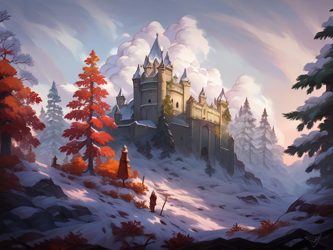 score_9, score_8_up, score_7_up, score_6_up, score_5_up,  <lora:Sul31m4n0vXLP:1> sul31m4n0v, very wide shot, castle, cloud, old, snow, forest, pine tree, autumn leaves