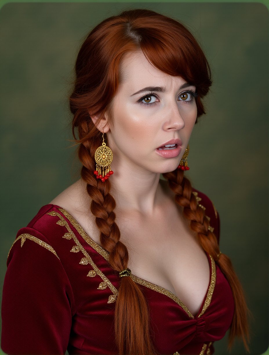 This is a photograph of a woman with striking red hair styled in elaborate braids. Her hair is intricately woven into a series of braids that cascade down her shoulders, with a few strands framing her face. She has a fair complexion and is wearing a deep red dress with gold accents, which adds a regal and historical touch to her attire. The dress has a high neckline and appears to be made of a luxurious fabric, possibly silk or velvet, with a subtle sheen that enhances its texture. She accessorizes with gold jewelry, including a pair of large, dangling earrings that feature intricate designs and small red beads. Her makeup is subtle yet elegant, with a soft pink lipstick and a light blush that complements her fair skin. The background is a muted, textured green that contrasts subtly with her vibrant attire, making her the focal point of the image. The overall style of the photograph is reminiscent of classical or historical portraiture, emphasizing both the woman's appearance and the rich, opulent details of her dress and accessories.,Velma,<lora:Velma_Flux_V1:1>