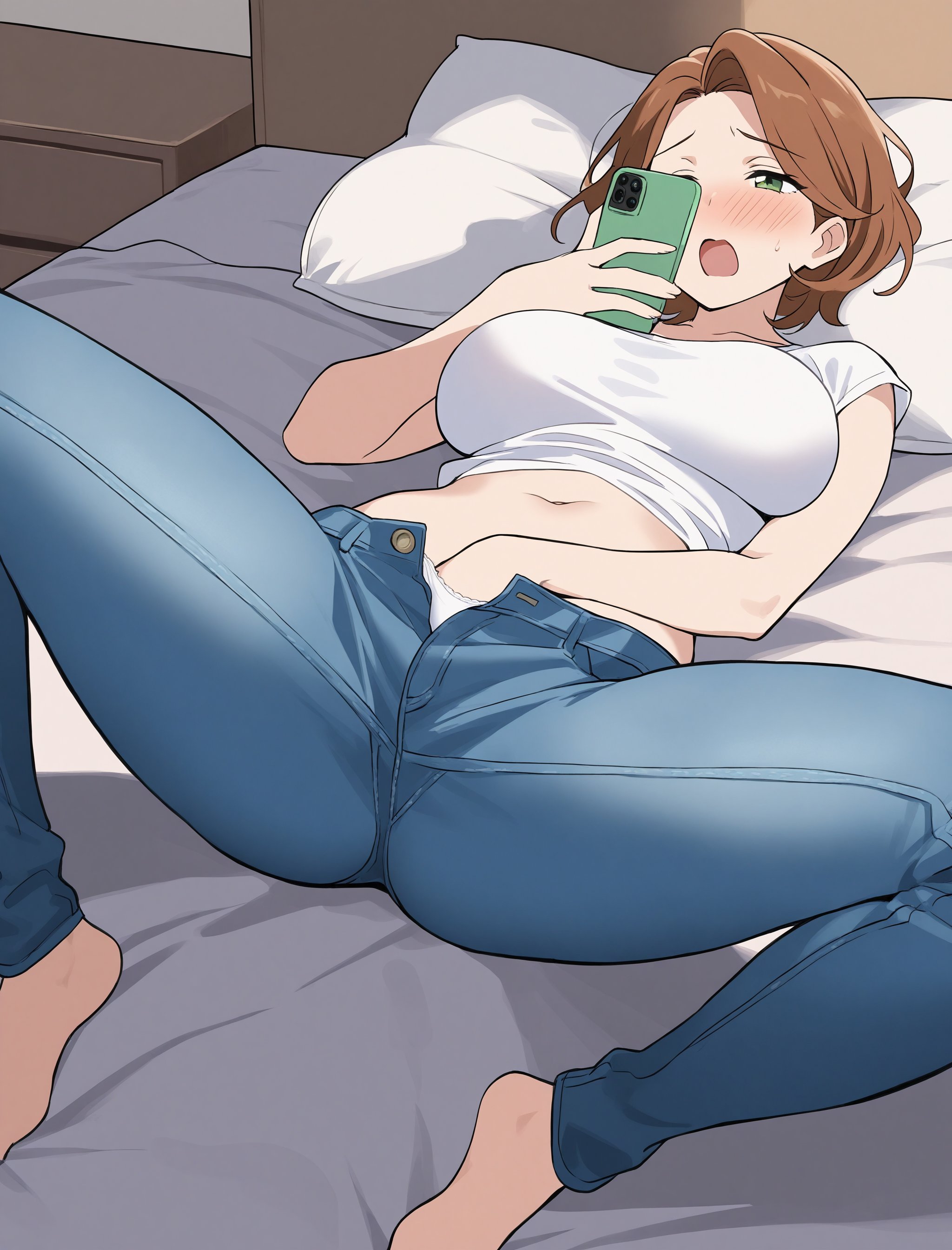 1girl, mature female, barefoot, blue pants, breasts, cellphone, denim, female masturbation, holding, holding phone, large breasts, indoors, jeans, lying, masturbation, navel, on back, on bed, pants, phone, shirt, short hair, smartphone, solo, spread legs, white shirt, jeans, white panties, pants down, brown hair, green eyes, moaning, nsfw, score_9_up, score_8_up, masterpiece, best quality