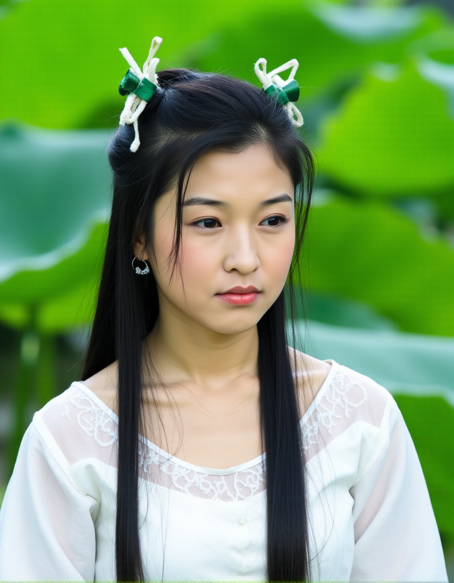 This is a high-resolution photograph featuring a young East Asian woman with a serene expression and fair skin. She has long, straight black hair styled in a traditional manner with two green ribbons tied in her hair, adding a pop of color. Her hair is adorned with delicate white ribbons that hang down, complementing the soft, pastel hues of her attire. She is dressed in a traditional white garment with intricate embroidery, showcasing a blend of modern and traditional fashion elements.Her makeup is subtle yet elegant, with a natural look featuring light pink lipstick, well-defined eyebrows, and a slight blush on her cheeks. She wears small, dangling earrings that add a touch of sophistication. The background is out of focus, featuring lush green leaves, indicating a natural, outdoor setting, possibly a garden or a pond with large lily pads. The lighting is soft and natural, enhancing the overall serene and peaceful atmosphere of the image. The photograph captures a moment of quiet contemplation, with the subject's gaze directed slightly to the right, suggesting a thoughtful or introspective state of mind.,weixiaojun,  <lora:WeiXiaoJun_Flux_V1:1>