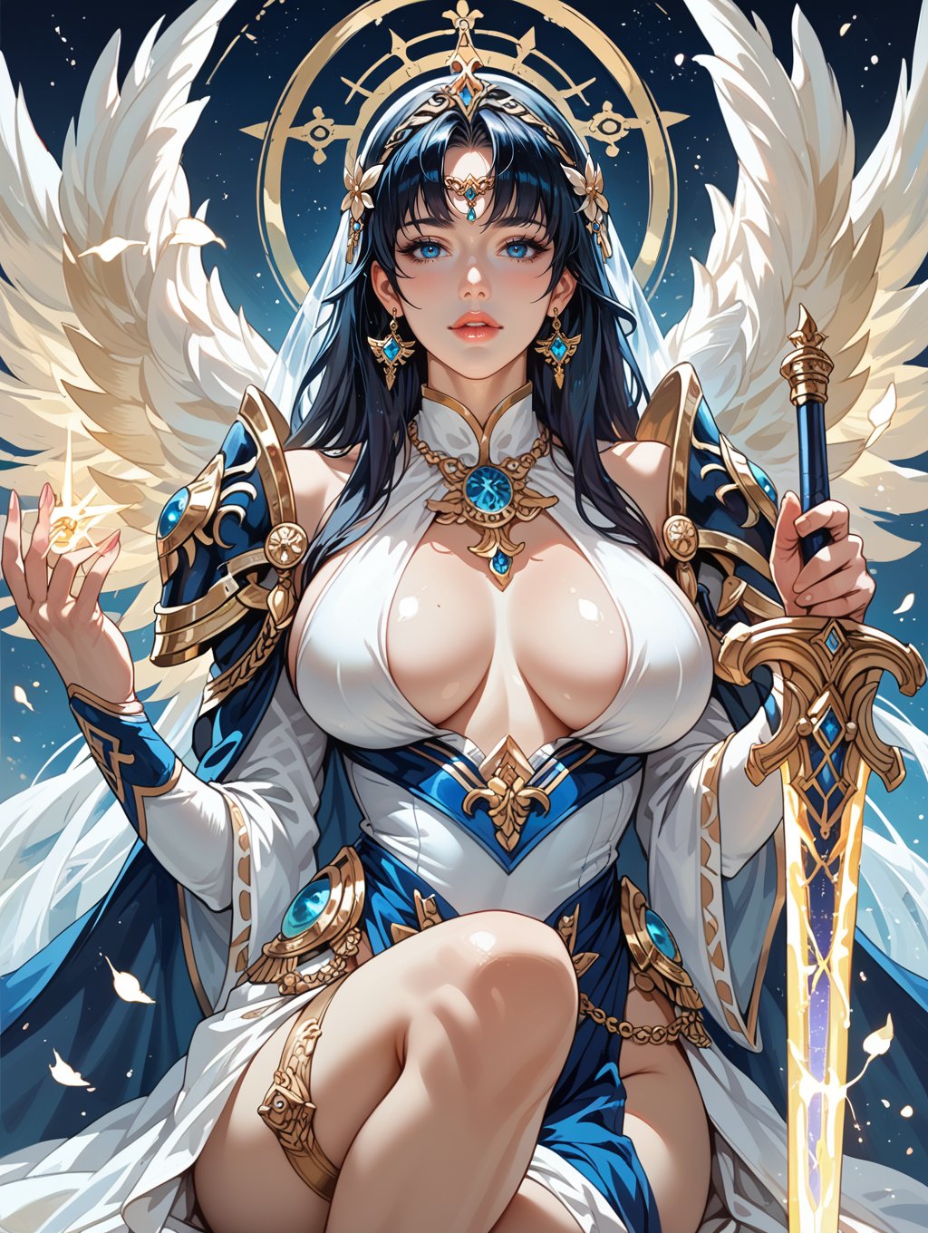 score_9, score_8_up, score_7_up,source_anime, gorgeous lips, cinematic, very beautiful girl, The archangel is depicted in his divine form a majestic, serene figure with a radiant aura. Her face is calm and compassionate,She is adorned with a shining halo and resplendent golden armor that reflects his celestial origins. Her wings are large, white, and feathery, spreading out behind him in a display of divine grace. She wields a glowing, celestial sword, sexy outfit, big breasts