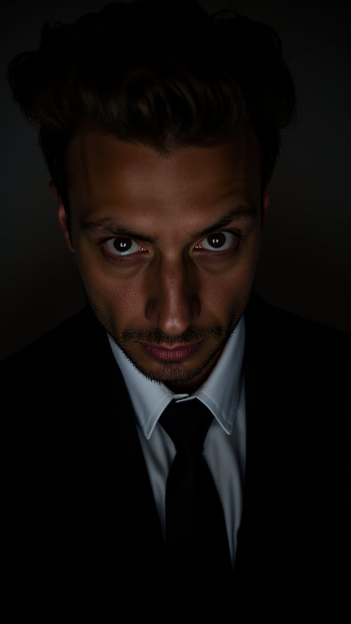 portrait, close up of a In a dimly lit room, a man with piercing green eyes gazes intently at the camera. He wears a black suit and tie, aidmaRealisticPeoplePhotograph