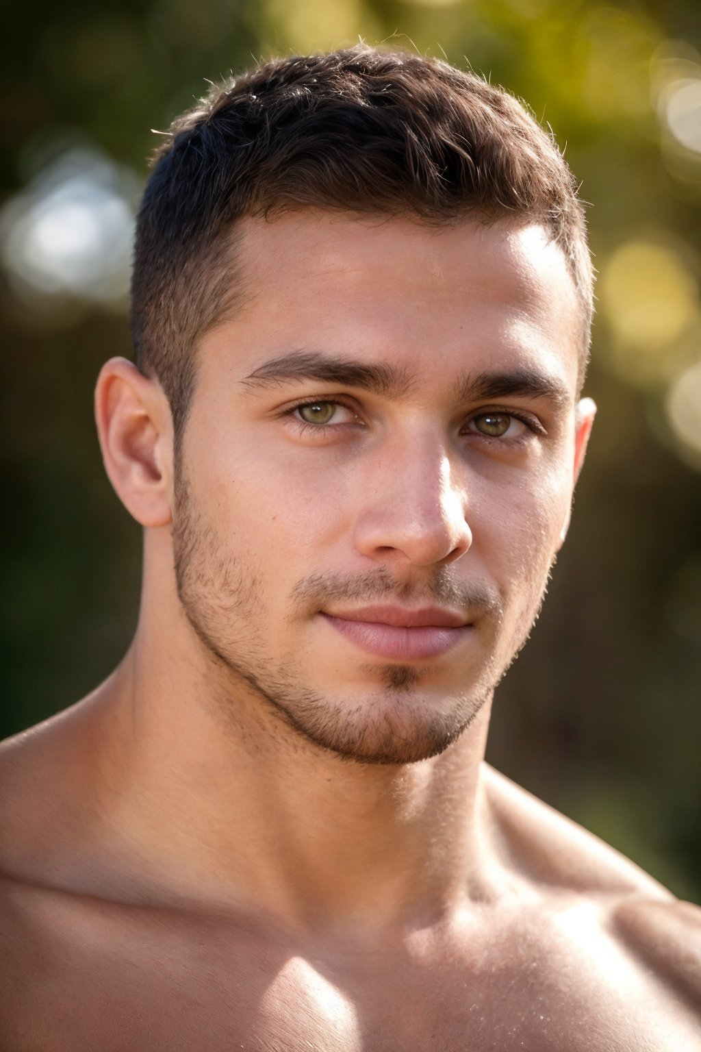 realistic, highly detailed, intricate details, detailed background, depth of field, portrait of a Moroccan man, 40 y.o, natural skin, film grain, skin imperfections, ((face close-up)), hazel eyes, stubble, short cropped hair, muscular, large pectorals, shirtless, professional photography, RAW photo, HDR, perfect composition, color-graded, vivid details, natural lighting, volumetric lighting, (bokeh), aestheticism, (smirk:0.9), (seductive gaze, tired expression), (single eyebrow raised:0.7), (open mouth:0.7)