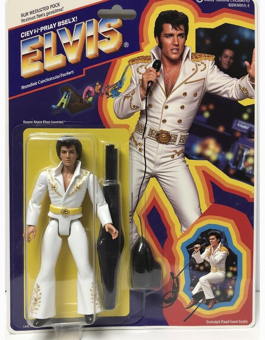 "Elvis Presley"Elvis is depicted in his iconic white jumpsuit, microphone in hand, mid-performance. His action figure captures the energy and charisma of the King of Rock and Roll. Packaged in retro rock-style packaging with a ral-afpacking logo on the bottom-right. The background shows a glowing stage with musical notes floating around as he performs for a crowd.<lora:ral-afpacking-flux:1>