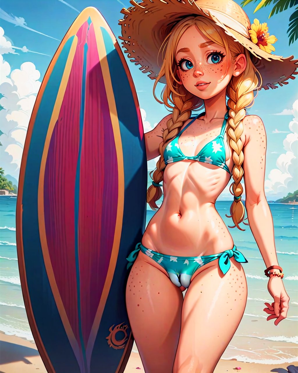 score_9, score_8_up, score_7_up, source_cartoon, beautiful female standing in flowerprint bikini on seaside shore wearing straw hat, holding blue surfboard, small breasts, wide hips, narrow waist, blonde hair, long twin braids, freckles, cameltoe <lora:KakkoiPonyV3:1>