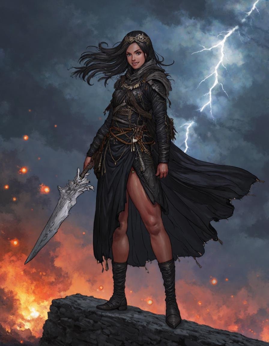 The image is a digital illustration of a woman standing on a platform with a sword in her hand. She is wearing a black clo...