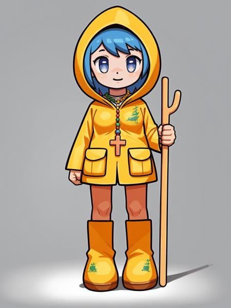 score_9, score_8_up, score_7_up, score_6_up, score_5_up, Luce, symbol-shaped_pupils, (solo), umbrella,  raincoat, 1girl, solo, large_breasts, rubber_boots, yellow_raincoat, blue_hair, blue_eyes, boots, hood, full_body, smile, short_hair, holding, hood_up, standing, long_sleeves, bangs, yellow_footwear, necklace, jewelry <lora:Luce_Vatican:1>  <lora:Dark_Side_of_Dimensions:.5>