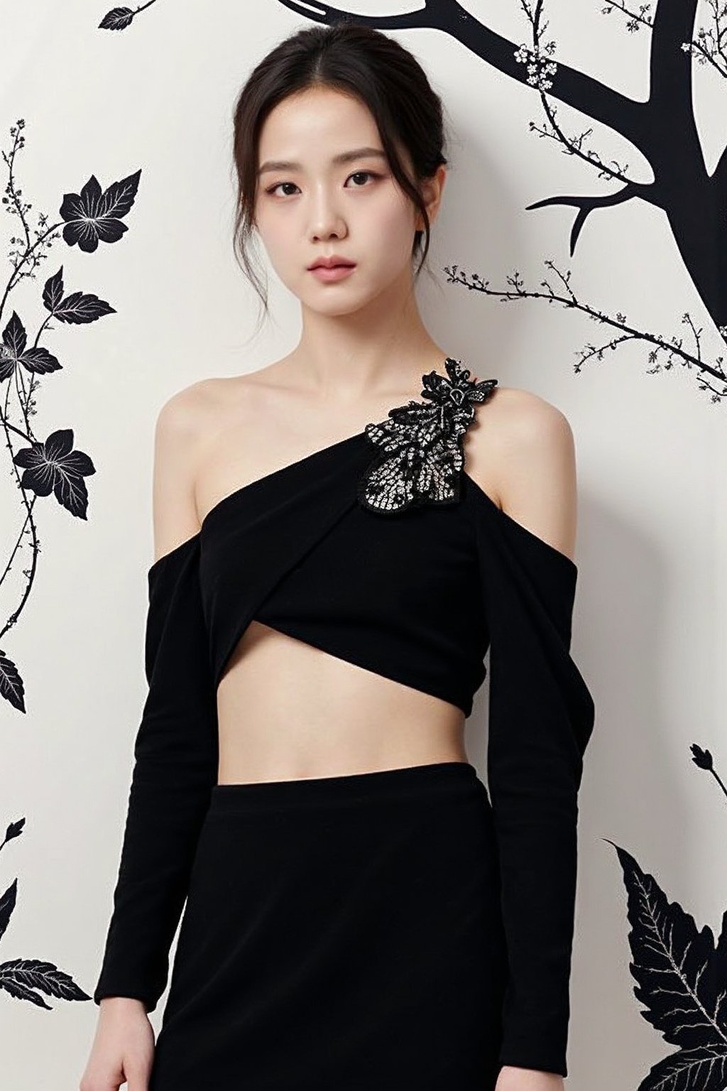 a young korean woman standing confidently in front of an artistic backdrop featuring a black and white design with floral motifs, possibly inspired by traditional East Asian art. She is wearing an elegant black outfit with a unique design, including a cropped top that reveals her midriff and has long sleeves extending to her hands. The top has an off-shoulder style on one side, adding an asymmetrical element to her look. Her hair is styled up, adorned with a decorative accessory that adds a touch of traditional elegance to her modern and edgy attire. Her expression is poised, with a strong, confident gaze, <lora:flux_realism_lora:1>, <lora:makinaflux_jisoo_v1.0:1>