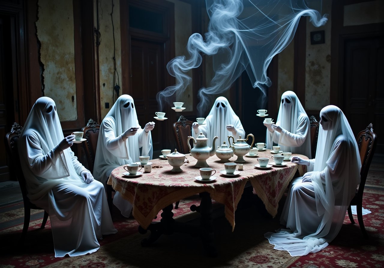 A ghostly tea party: Transparent figures sit around a table in a decaying mansion, their delicate movements barely disturbing the cobwebs around them. Teacups float in the air, lifted by invisible hands. The ghosts, dressed in tattered, old-fashioned clothing, converse in whispers, frozen in time for eternity.