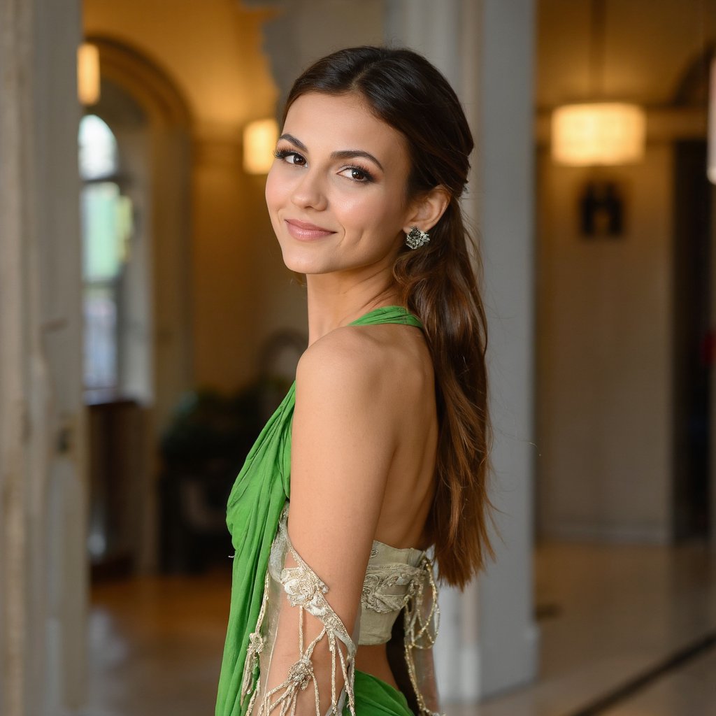 A portrait of victoria_justice,  captured in a side profile. She wears a traditional Indian outfit: a green saree with int...