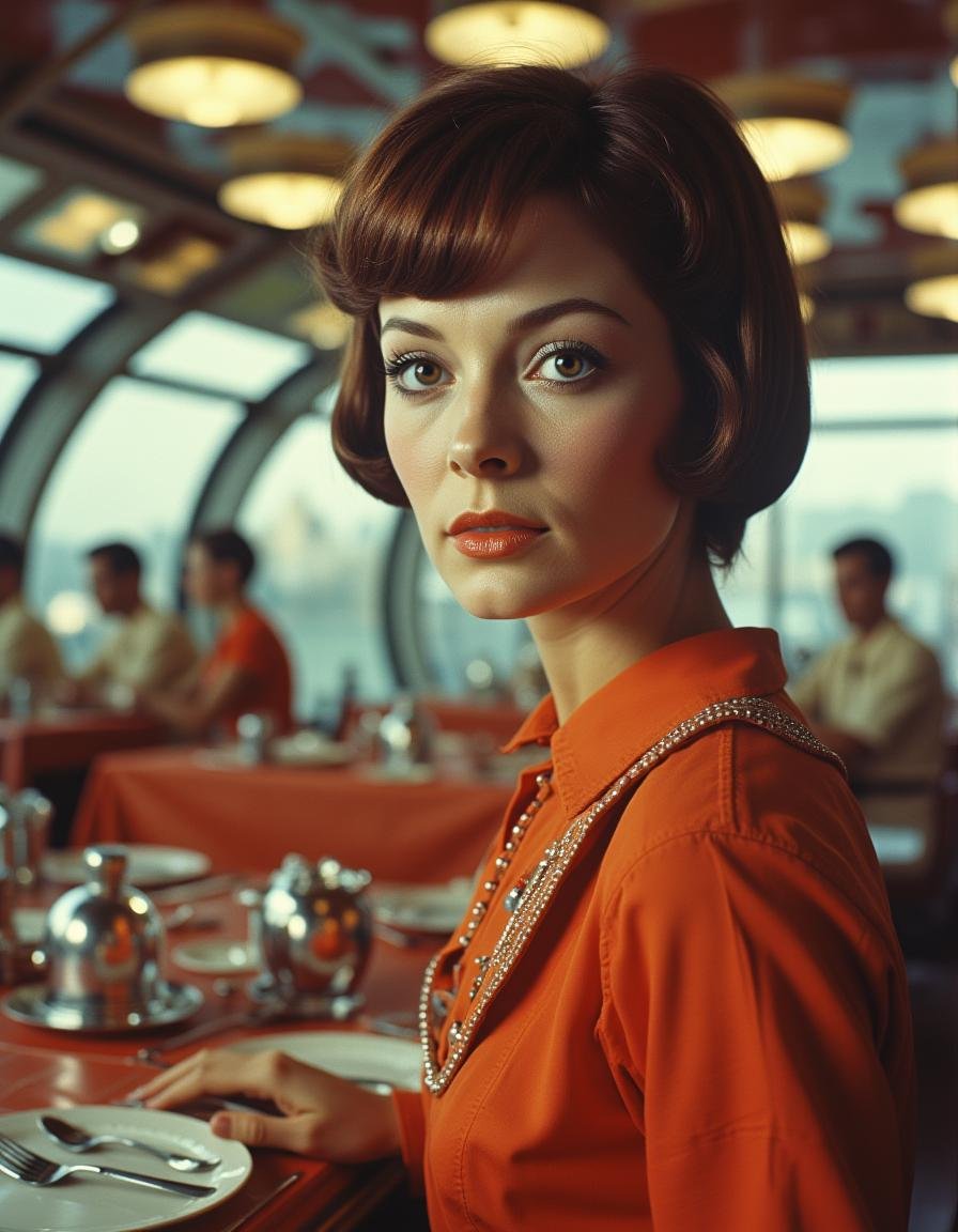 Vintage Sci-fi . a woman in a restaurant of a space ship. she's looking at the camera<lora:Vintage_Sci-fi_Movie:0.8>